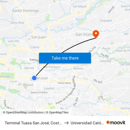 Terminal Tuasa San José, Costado Norte Parque La Merced to Universidad Católica De Costa Rica map