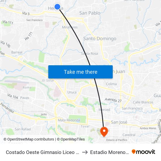 Costado Oeste Gimnasio Liceo De Heredia to Estadio Moreno Cartín map