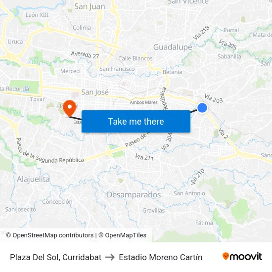 Plaza Del Sol, Curridabat to Estadio Moreno Cartín map