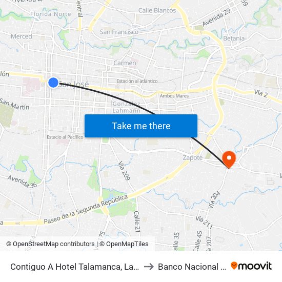 Contiguo A Hotel Talamanca, La Merced San José to Banco Nacional De Sangre map