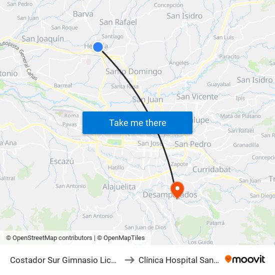 Costador Sur Gimnasio Liceo De Heredia to Clínica Hospital Santa Catalina map