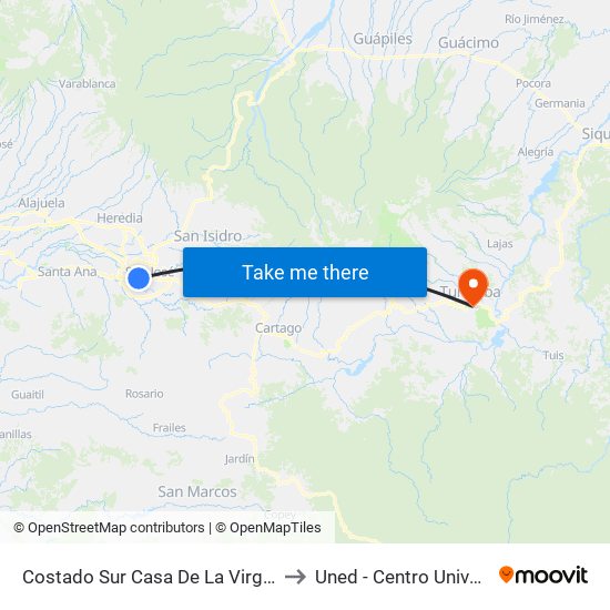 Costado Sur Casa De La Virgen, San Bosco San José to Uned - Centro Universitario Turrialba map