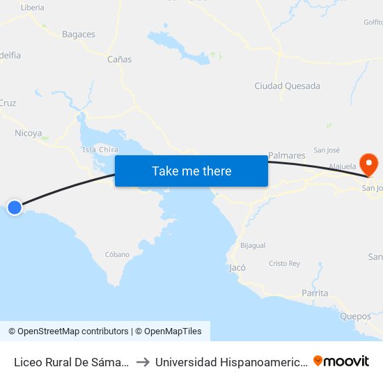 Liceo Rural De Sámara, Nicoya to Universidad Hispanoamericana Heredia map