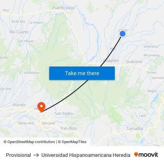 Provisional to Universidad Hispanoamericana Heredia map