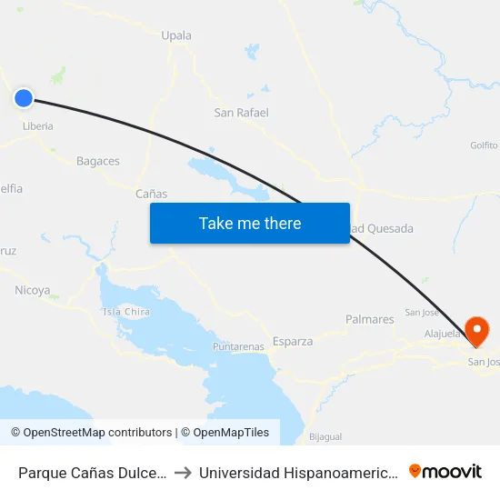 Parque Cañas Dulces, Liberia to Universidad Hispanoamericana Heredia map