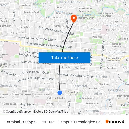 Terminal Tracopa San José to Tec - Campus Tecnológico Local San José map