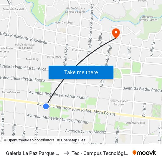 Galería La Paz Parque Central, San José to Tec - Campus Tecnológico Local San José map