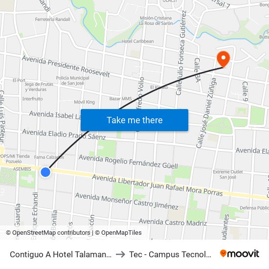 Contiguo A Hotel Talamanca, La Merced San José to Tec - Campus Tecnológico Local San José map