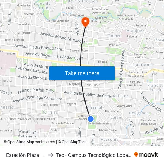 Estación Plaza Víquez to Tec - Campus Tecnológico Local San José map