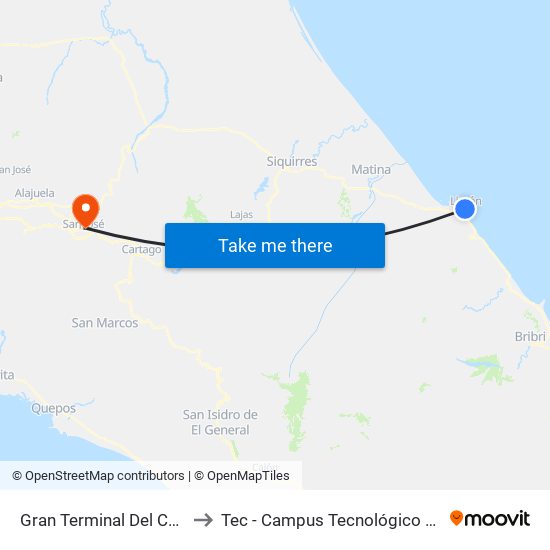 Gran Terminal Del Caribe, Limón to Tec - Campus Tecnológico Local San José map