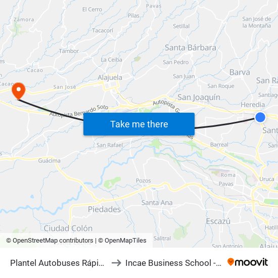Plantel Autobuses Rápidos Heredianos, Pirro Heredia to Incae Business School - Campus Walter Kissling Gam map