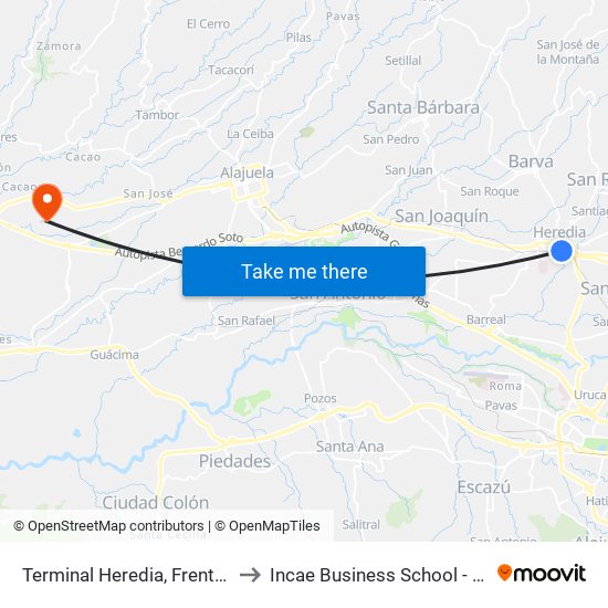 Terminal Heredia, Frente A Escuela Braulio Morales to Incae Business School - Campus Walter Kissling Gam map