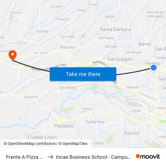 Frente A Pizza Hut, Heredia to Incae Business School - Campus Walter Kissling Gam map