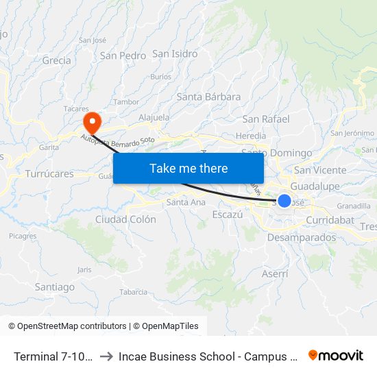 Terminal 7-10 San José to Incae Business School - Campus Walter Kissling Gam map