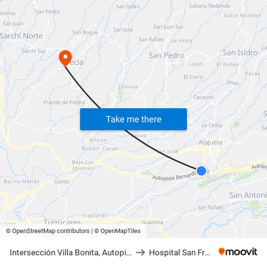 Intersección Villa Bonita, Autopista Bernardo Soto Alajuela to Hospital San Francisco De Asis map