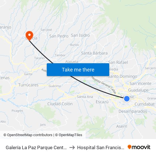 Galería La Paz Parque Central, San José to Hospital San Francisco De Asis map