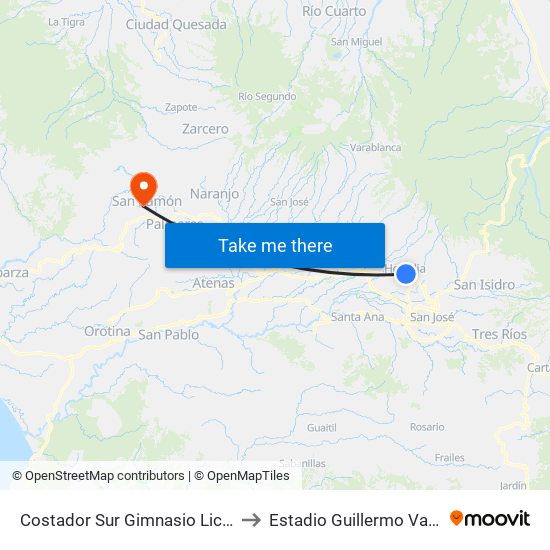 Costador Sur Gimnasio Liceo De Heredia to Estadio Guillermo Vargas Roldán map