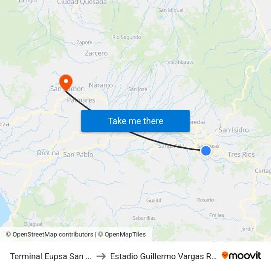 Terminal Eupsa San José to Estadio Guillermo Vargas Roldán map