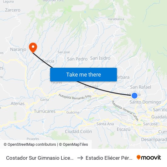 Costador Sur Gimnasio Liceo De Heredia to Estadio Eliécer Pérez Conejo map