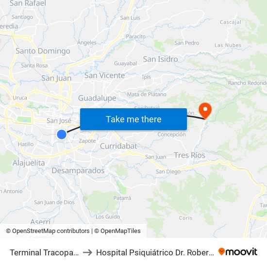 Terminal Tracopa San José to Hospital Psiquiátrico Dr. Roberto Chacón Paut map