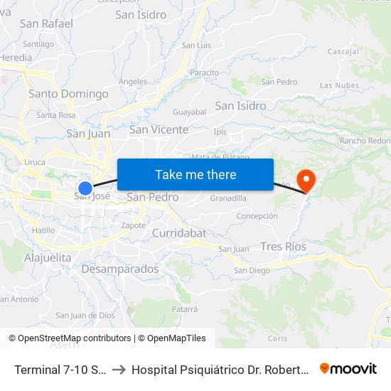 Terminal 7-10 San José to Hospital Psiquiátrico Dr. Roberto Chacón Paut map