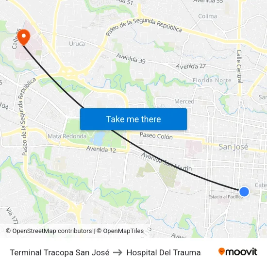 Terminal Tracopa San José to Hospital Del Trauma map