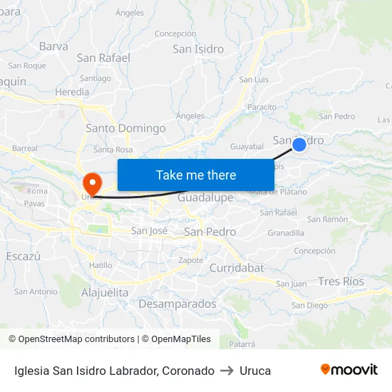 Iglesia San Isidro Labrador, Coronado to Uruca map