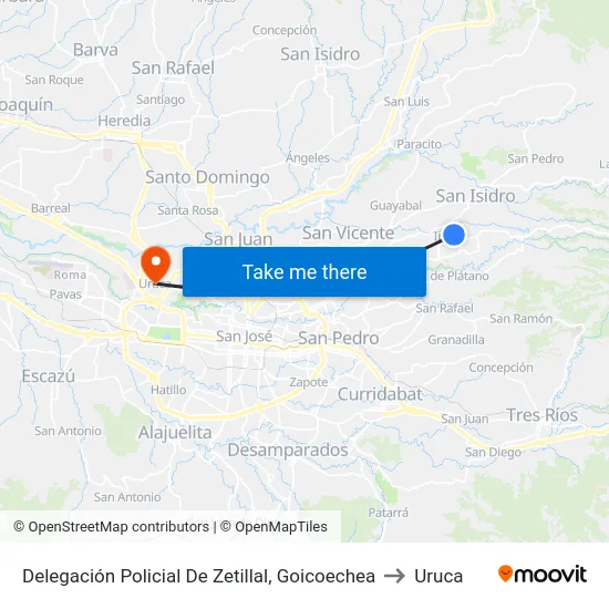 Delegación Policial De Zetillal, Goicoechea to Uruca map