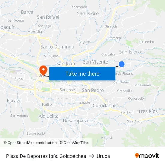 Plaza De Deportes Ipís, Goicoechea to Uruca map