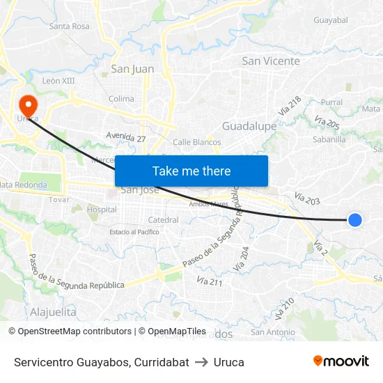 Servicentro Guayabos, Curridabat to Uruca map