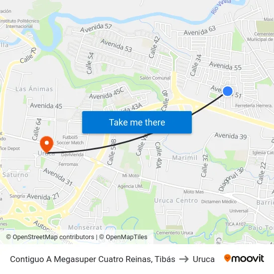 Contiguo A Megasuper Cuatro Reinas, Tibás to Uruca map