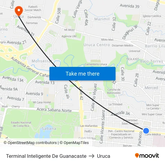 Terminal Inteligente De Guanacaste to Uruca map