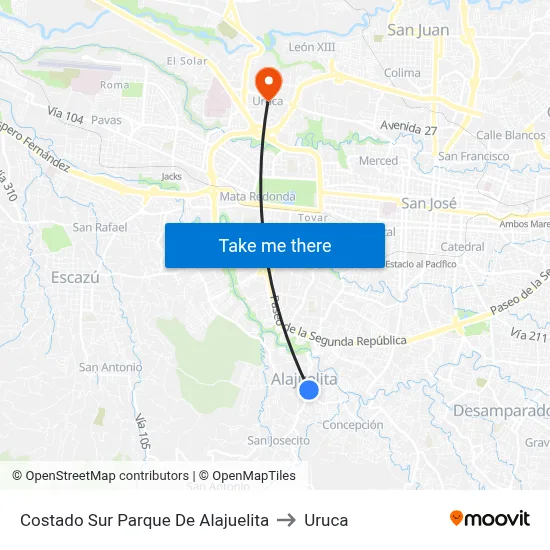 Costado Sur Parque De Alajuelita to Uruca map