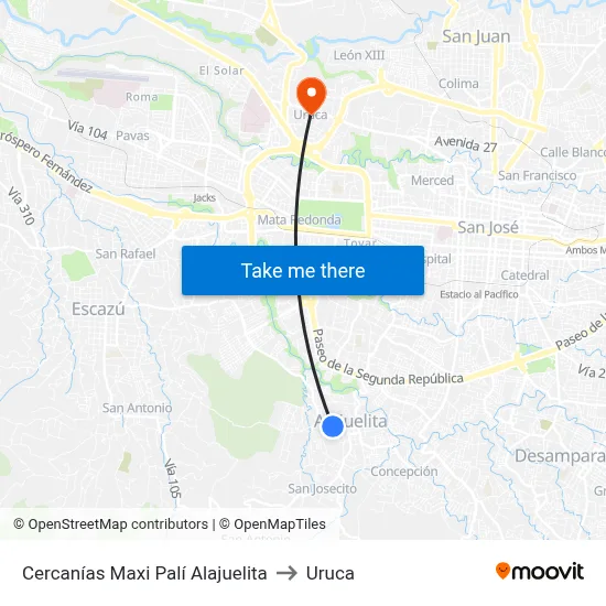 Cercanías Maxi Palí Alajuelita to Uruca map
