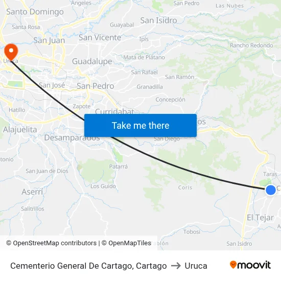 Cementerio General De Cartago, Cartago to Uruca map