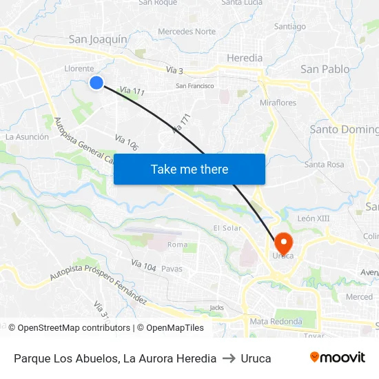 Parque Los Abuelos, La Aurora Heredia to Uruca map