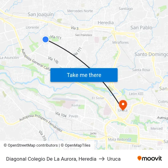 Diagonal Colegio De La Aurora, Heredia to Uruca map