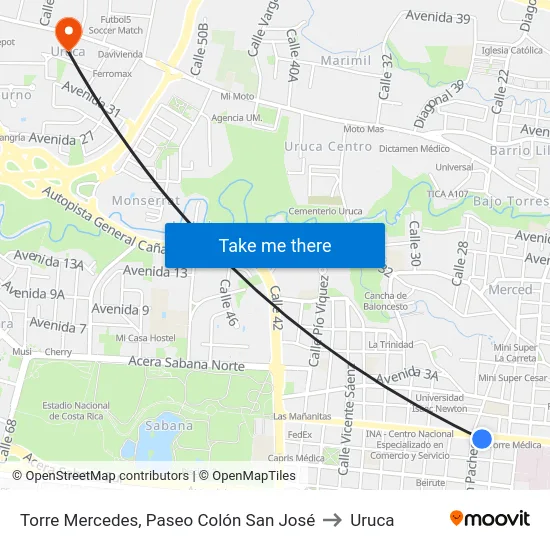 Torre Mercedes, Paseo Colón San José to Uruca map
