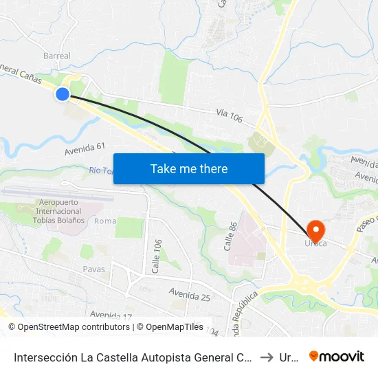 Intersección La Castella Autopista General Cañas, Heredia to Uruca map