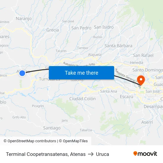 Terminal Coopetransatenas, Atenas to Uruca map