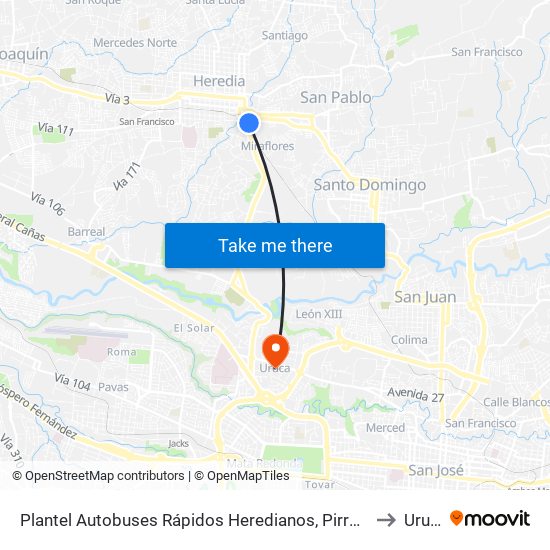 Plantel Autobuses Rápidos Heredianos, Pirro Heredia to Uruca map