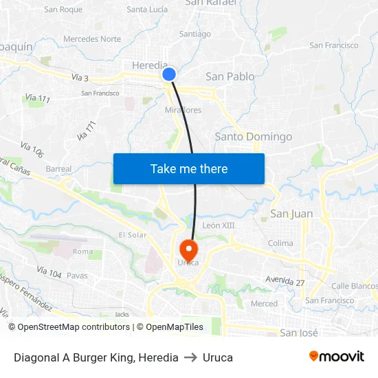 Diagonal A Burger King, Heredia to Uruca map
