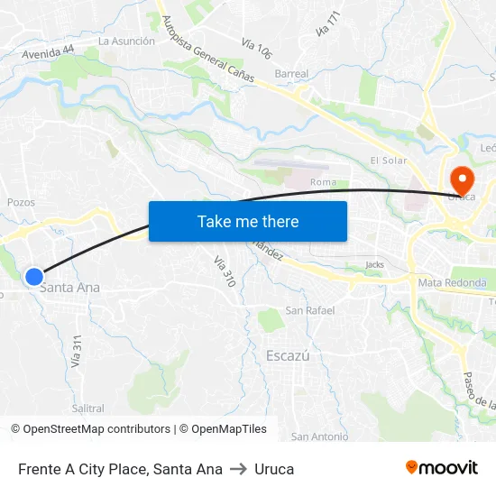Frente A City Place, Santa Ana to Uruca map