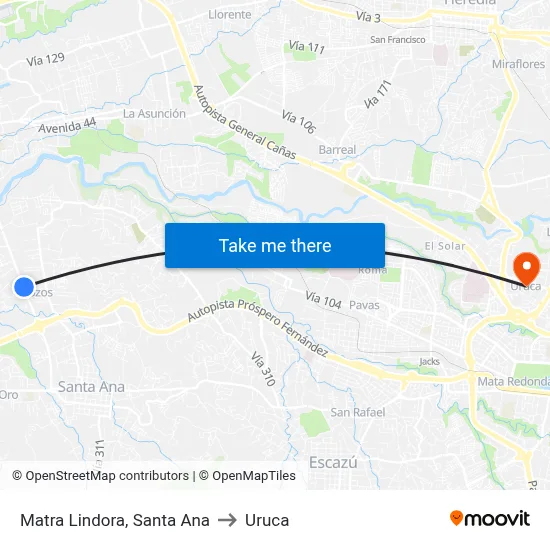 Matra Lindora, Santa Ana to Uruca map