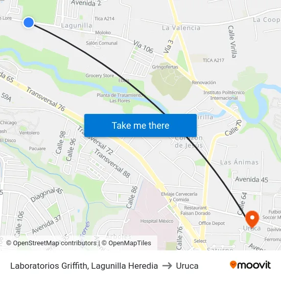 Laboratorios Griffith, Lagunilla Heredia to Uruca map
