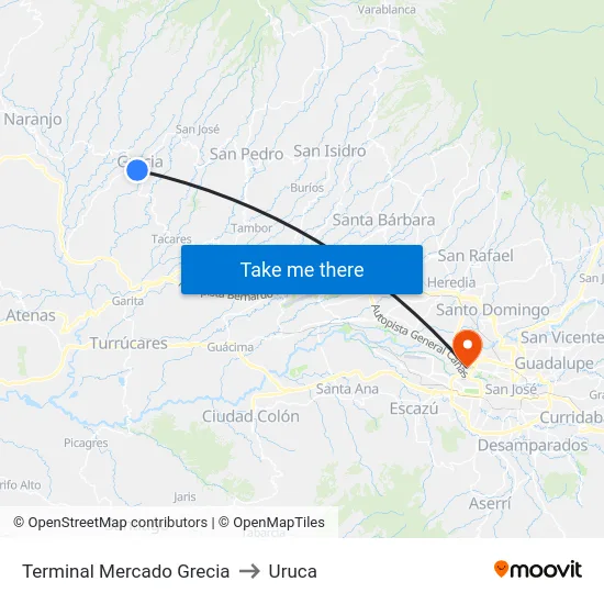 Terminal Mercado Grecia to Uruca map