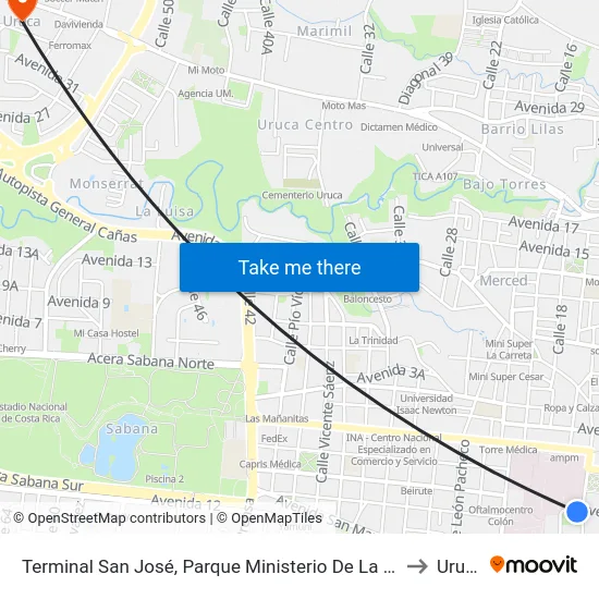 Terminal San José, Parque Ministerio De La Salud to Uruca map