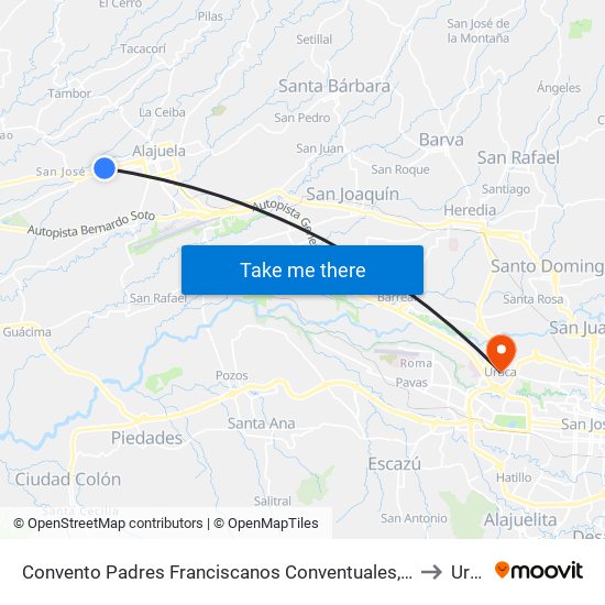 Convento Padres Franciscanos Conventuales, La Trinidad Alajuela to Uruca map