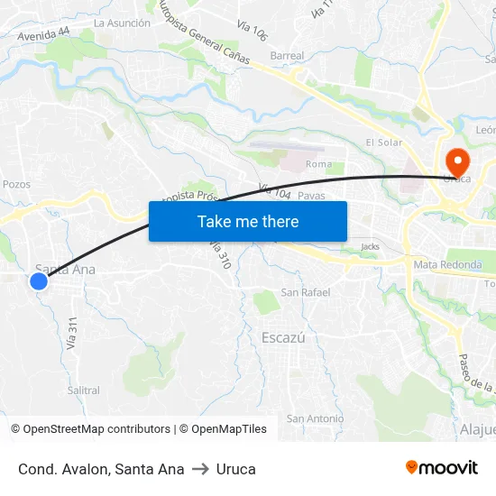Cond. Avalon, Santa Ana to Uruca map