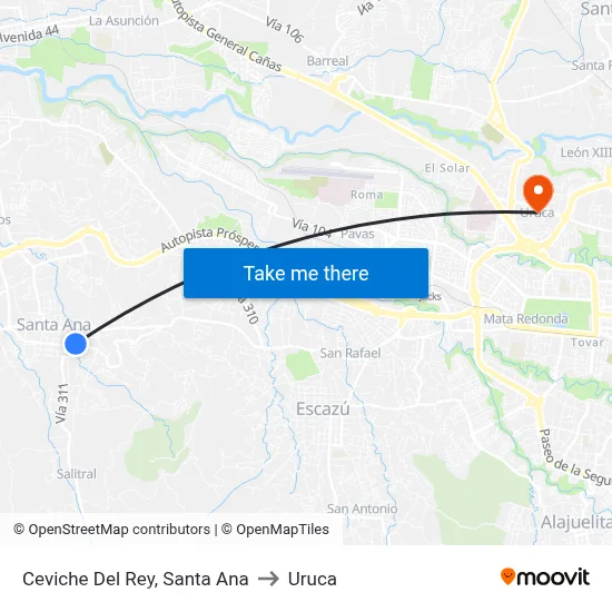Ceviche Del Rey, Santa Ana to Uruca map